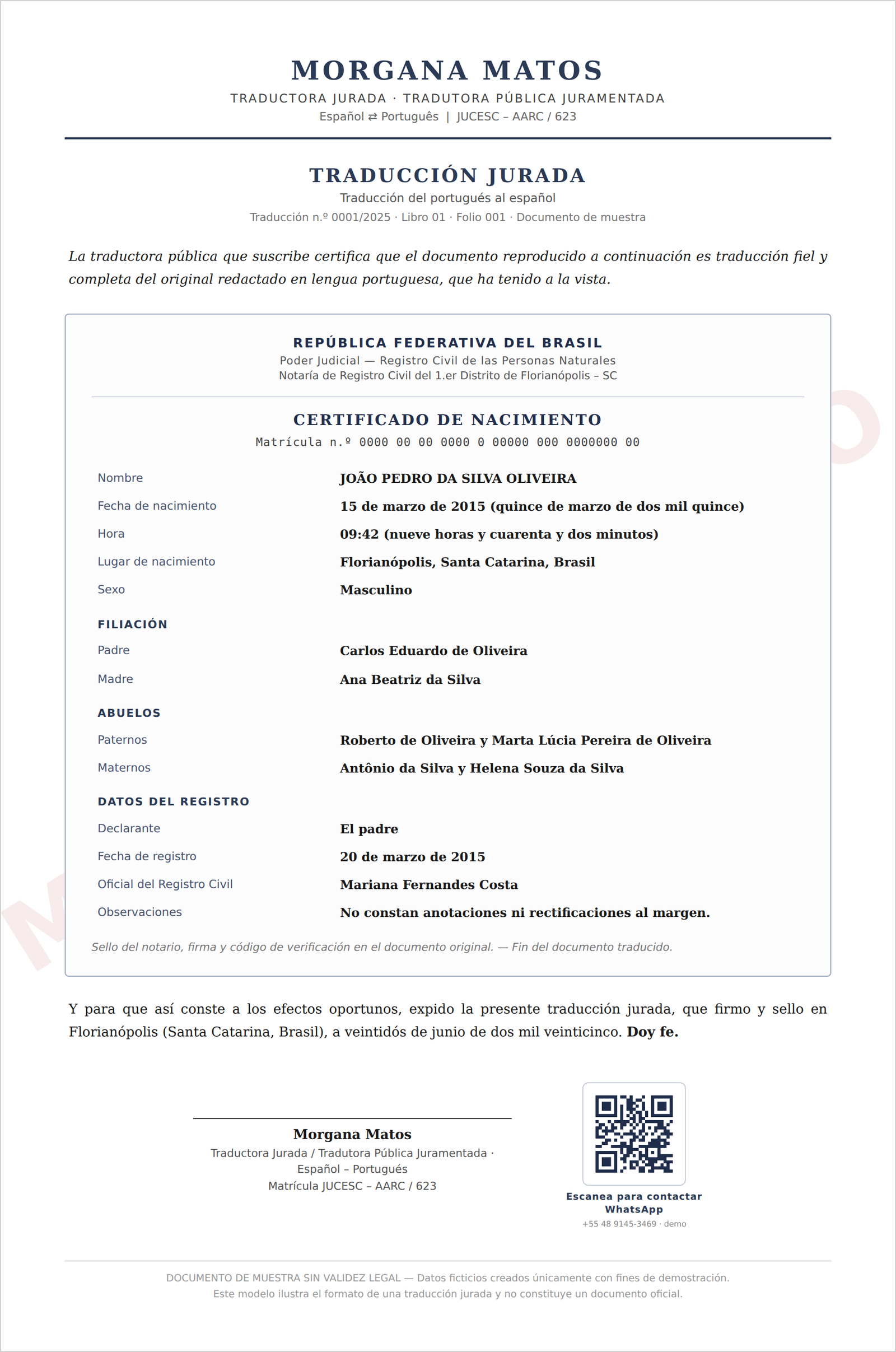 Ejemplo de traducción jurada – Documento de muestra sin validez legal