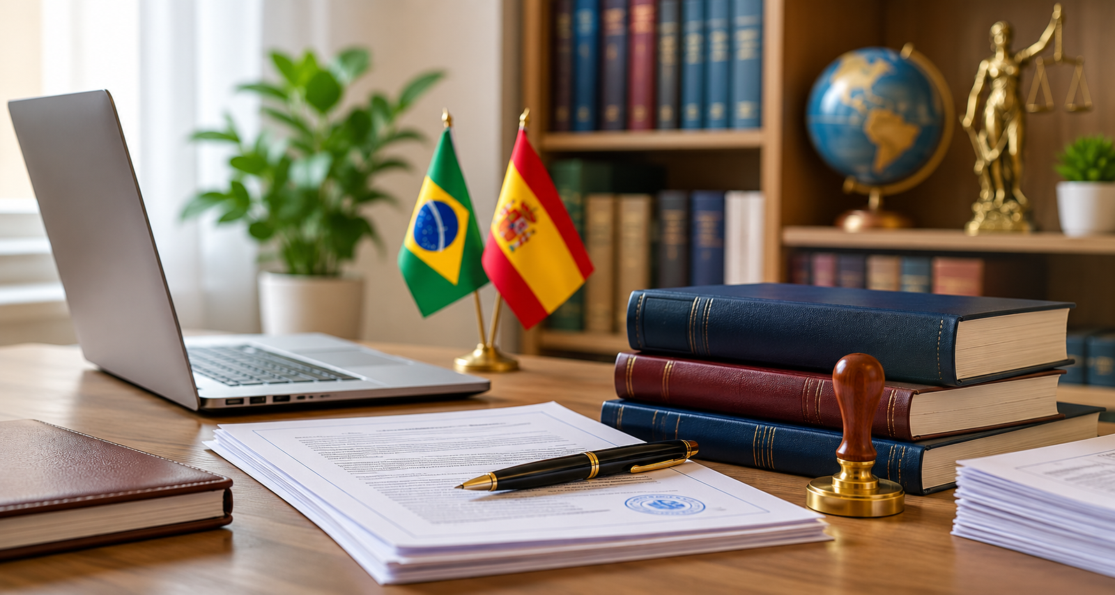 Despacho de traducción jurada español-portugués, con banderas de España y Brasil y documentación oficial